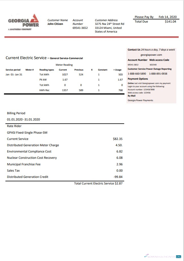 download USA Georgia Power utility bill template in Word and PDF format, fully editable PDF template
